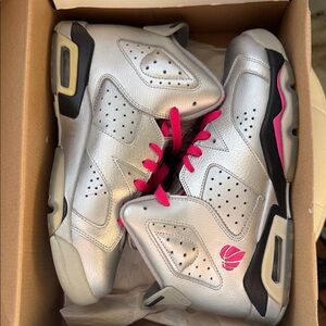 Jordan Kids Metallic Silver Sneakers with Pink Highlights